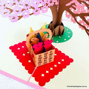 Handmade Pink Cherry Blossom Tree with a Picnic Basket Pop Up Greeting Card - Pink Cover