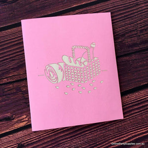 Handmade Pink Cherry Blossom Tree with a Picnic Basket Pop Up Greeting Card - Pink Cover