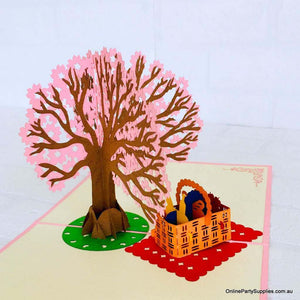Handmade Pink Cherry Blossom Tree with a Picnic Basket Pop Up Greeting Card - Pink Cover