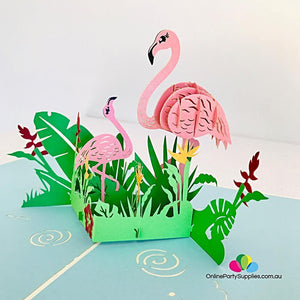 Pink Flamingo Mum & Baby in Garden 3D Pop Up Card - Online Party Supplies