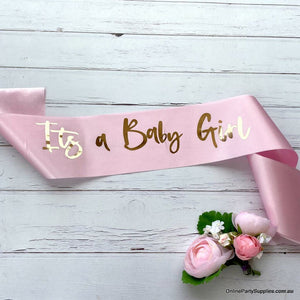 Pink 'It's a Baby Girl' Baby Shower Satin Sash - Gender Reveal Party Decorations