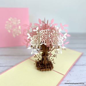 Handmade Pink and White Rose Tree Pop Up Card - 3D Floral Valentine's Day Pop Out Cards