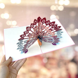 Handmade Rainbow Peacock Pop Up Greeting Card - Pink Cover