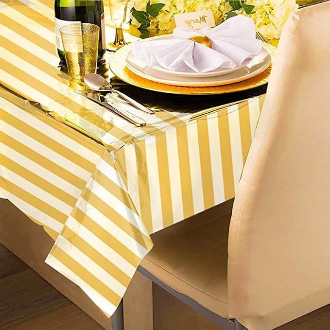 Metallic Plastic Rectangular Gold & White Stripe Table Cover