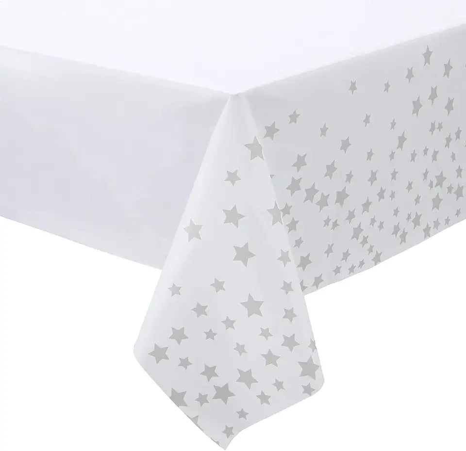 Plastic Rectangular Silver Star White Table Cover