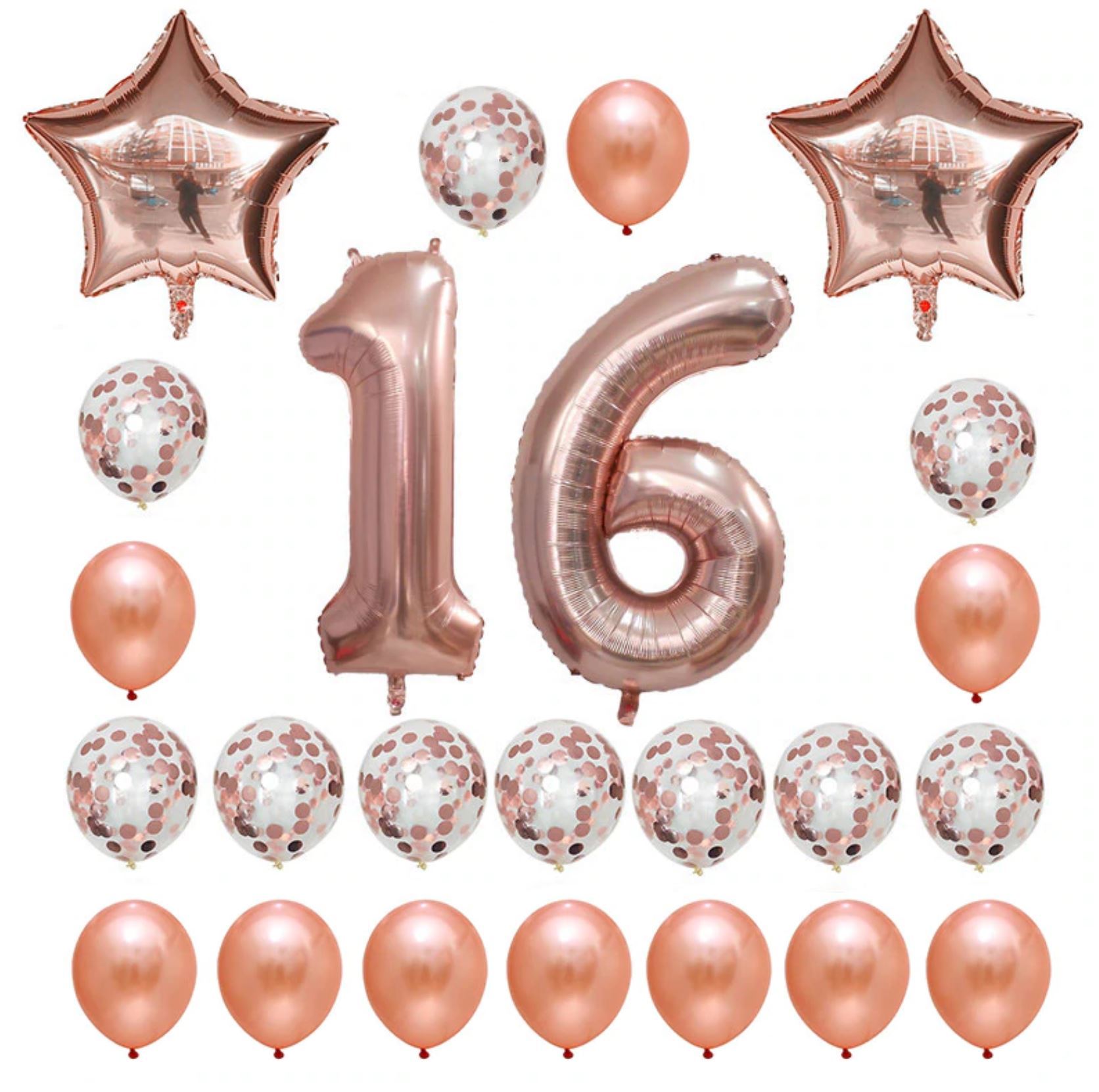 Rose Gold Birthday Number 16 Foil Balloon Bouquet (Pack of 24pcs) - Online Party Supplies