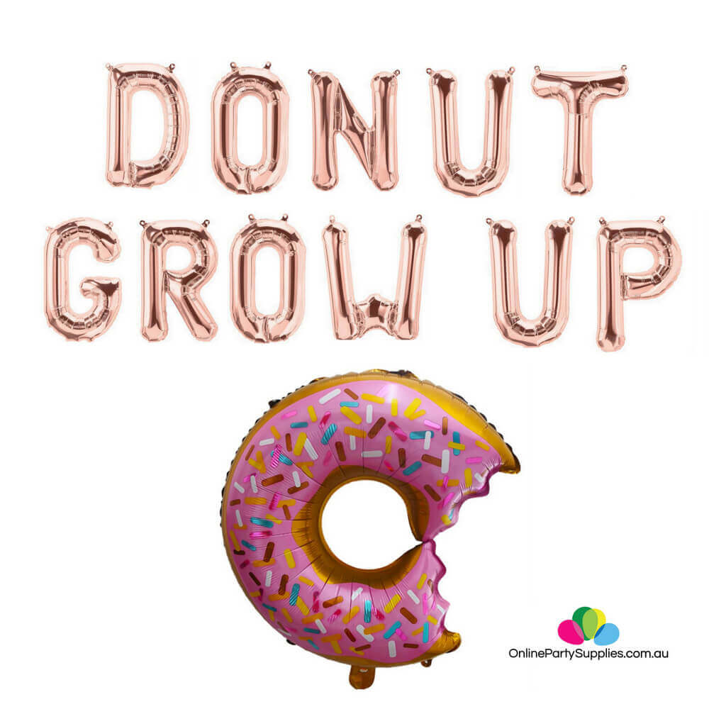 rose gold DONUT GROW UP with sprinkle donut bite foil balloon banner