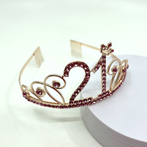 Rose Gold Metal Rhinestone Happy 21st with Little Crown Birthday Tiara