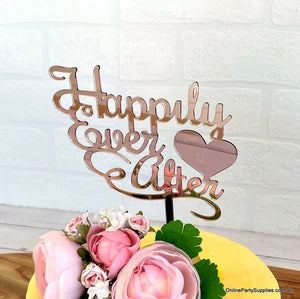 Acrylic Rose Gold Mirror 'Happily Ever After' Wedding Cake Topper
