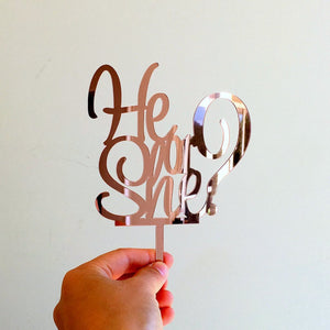 Rose Gold Mirror Acrylic He or She Cake Topper - Online Party Supplies