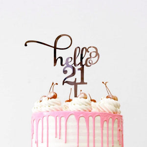 Rose Gold Mirror hello 21 happy birthday cake topper