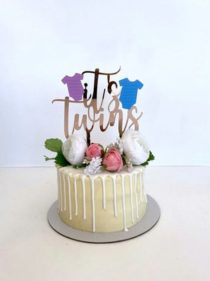 Rose Gold Mirror Acrylic It's Twins Pink & Blue Onesie Cake Topper