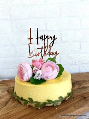 Online Party Supplies Australia Acrylic Rose Gold Mirror Happy Birthday Script Cake Topper