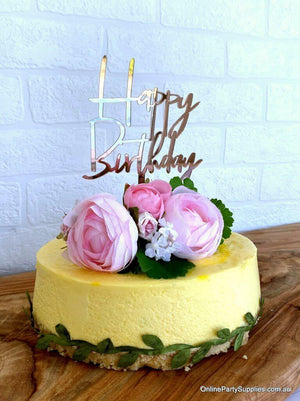 Online Party Supplies Australia Acrylic Rose Gold Mirror Happy Birthday Script Cake Topper