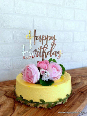 Acrylic Rose Gold Mirror Happy Birthday Script Cake Topper - Online Party Supplies