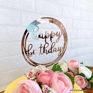Acrylic Rose Gold Mirror Geometric Round Happy Birthday Cake Topper - Online Party Supplies