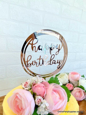 Acrylic Rose Gold Mirror Geometric Round Happy Birthday Cake Topper - Online Party Supplies
