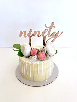 Rose Gold Mirror Acrylic 'ninety' Script Cake Topper - 90th Birthday Party or Wedding Anniversary Cake Decorations