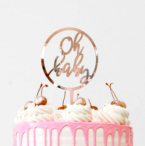 Rose Gold Mirror Acrylic Oh Baby Loop Cake Topper - Baby Shower, Gender Reveal Laser Cut Script Cake Topper