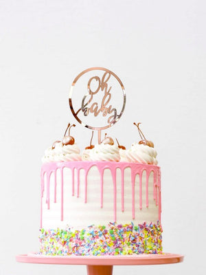 Rose Gold Mirror Acrylic Oh Baby Loop Cake Topper - Baby Shower, Gender Reveal Laser Cut Script Cake Topper