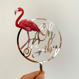 Rose Gold Mirror Acrylic Oh Baby Flamingo Loop Cake Topper - Baby Shower, Gender Reveal Laser Cut Script Cake Topper