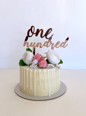 Rose Gold Mirror Acrylic 'one hundred' Script Cake Topper - 100th Birthday Party Celebrations Cake Decorations
