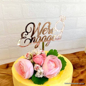 Online Party Supplies Australia Rose Gold Mirror Acrylic 'We're Engaged' Diamond Ring Cake Topper