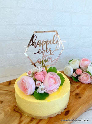 Acrylic Rose Gold Mirror Geometric Hexagon 'Happily Ever After' Wedding Cake Topper