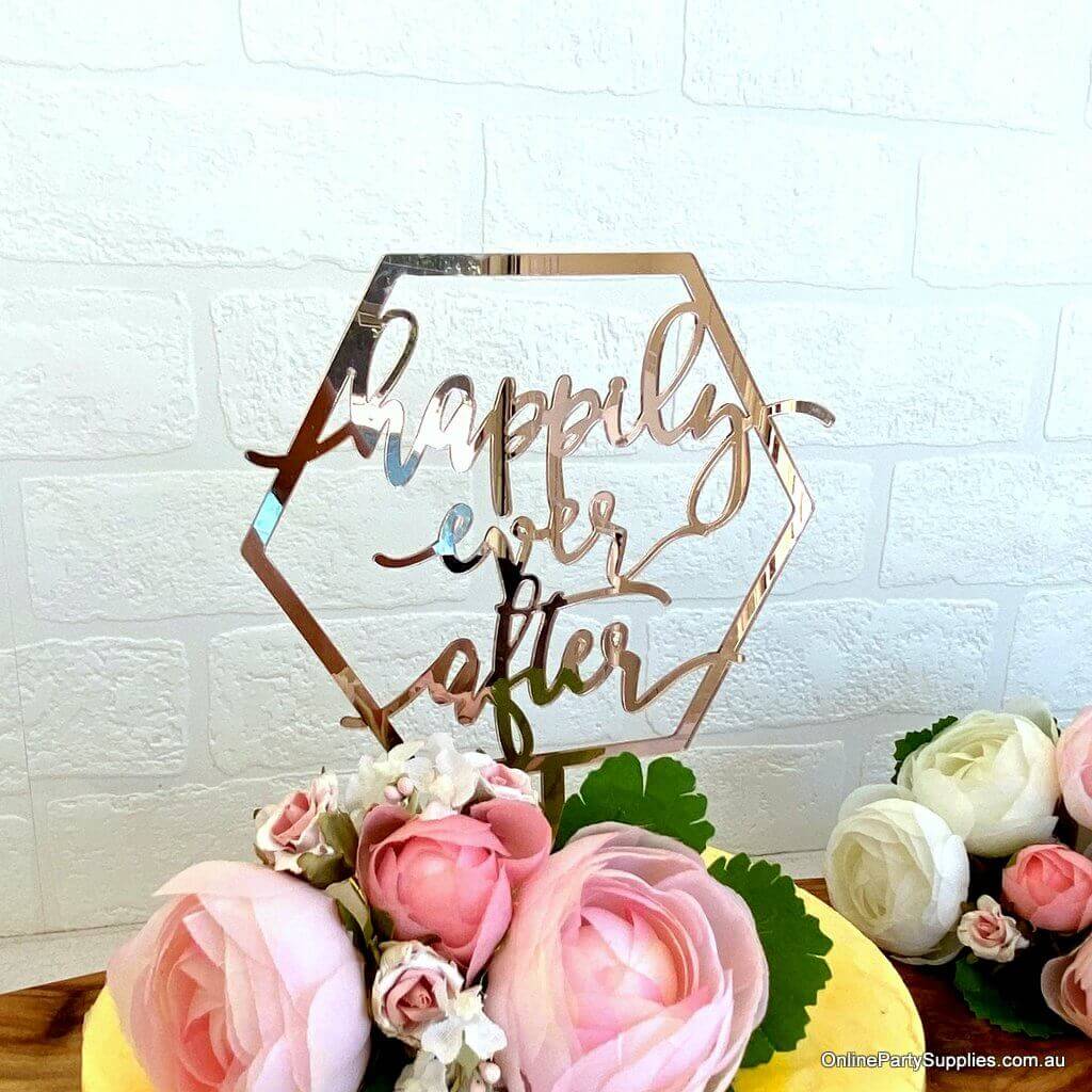 Rose Gold Hexagon 'Happily Ever After' Cake Topper