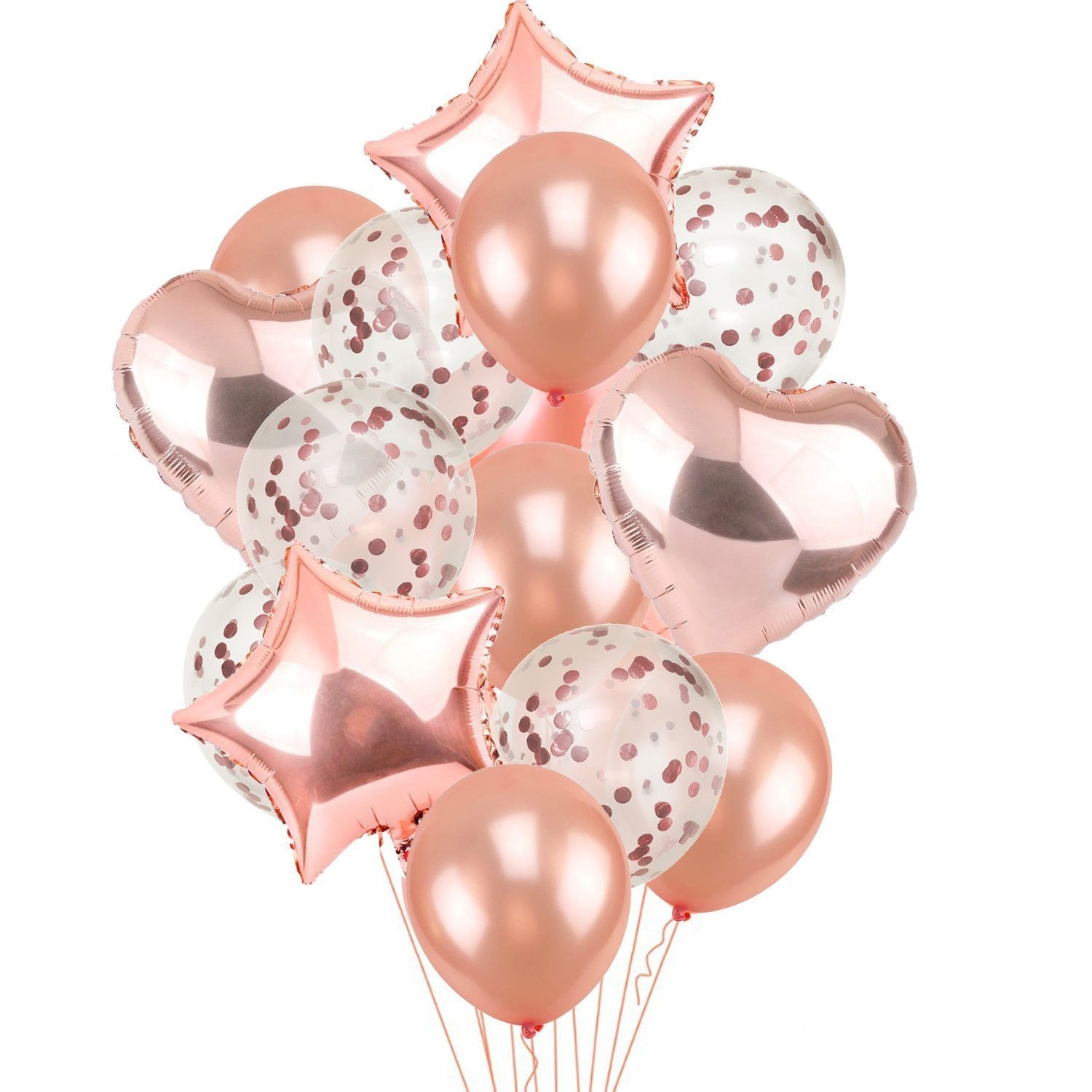 Rose Gold Star Heart Foil Confetti Latex Balloon Bouquet - 14 Pieces - Online Party Supplies