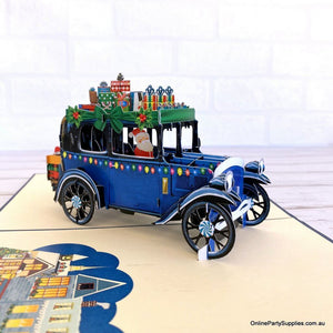 Online Party Supplies Australia Santa Driving Vintage Blue Car with Xmas Presents 3D Pop Up Greeting Card for him