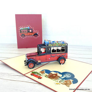 Santa Driving Vintage Red Car with Xmas Presents 3D Pop Up Greeting Card for children