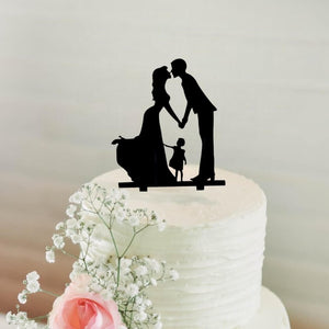 Silhouette Kissing Bride and Groom with a Girl Wedding Family Cake Topper