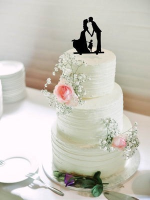 Silhouette Kissing Bride and Groom with a Girl Wedding Family Cake Topper