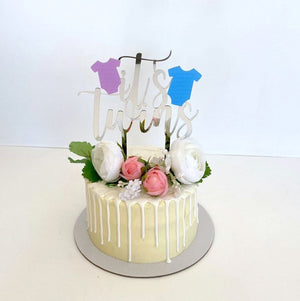 Silver Mirror Acrylic It's Twins Pink & Blue Onesie Cake Topper