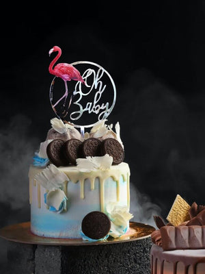 Silver Mirror Acrylic Oh Baby Flamingo Loop Baby Shower Cake Topper