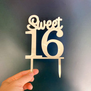 Acrylic Silver Mirror Sweet 16 Cake Topper