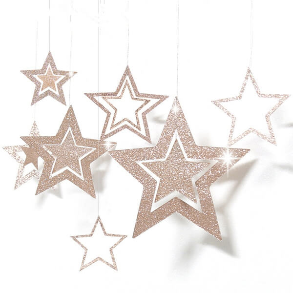 Sparkling Glitter Champagne Gold Hollow Star Paper Decoration 7 Pack