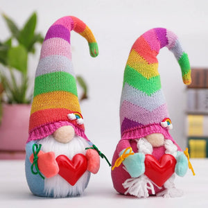 Rainbow Faceless Gnome Holding Red Heart Shelf Sitter