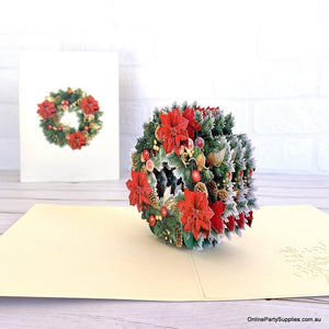 Traditional Christmas Red Poinsettia & Gold Pine Flower Wreath Pop Up Greeting Card - 3D Christmas Cards
