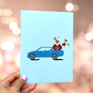 Vintage Blue Car With Love Heart Balloons 3D Pop Up Greeting Card