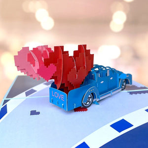 Vintage Blue Car With Love Heart Balloons 3D Pop Up Greeting Card