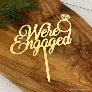 Online Party Supplies Australia Gold Mirror Acrylic 'We're Engaged' Diamond Ring Wedding Cake Topper