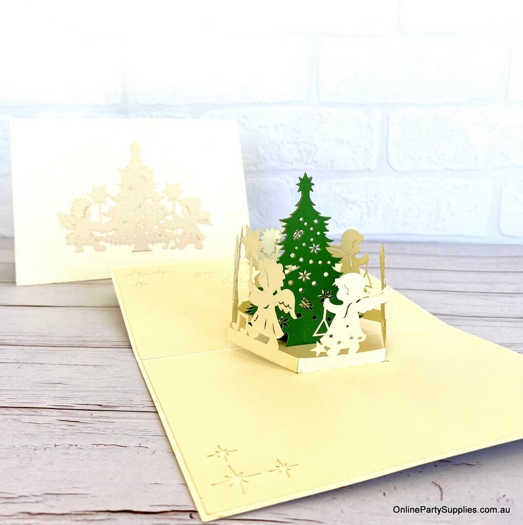 Online Party Supplies Australia White Angels Dancing Around Christmas Tree 3D Pop Up Greeting Card for kids