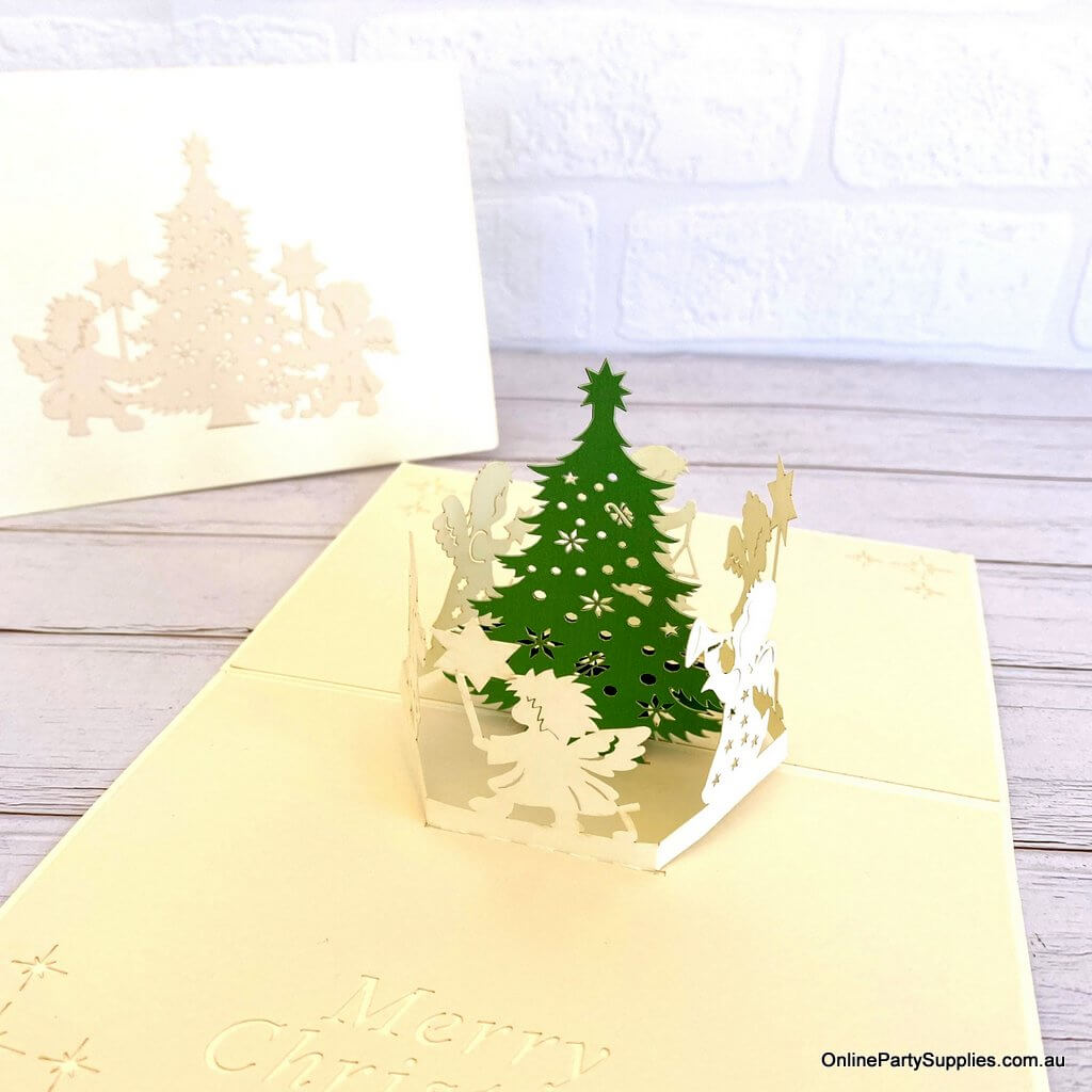 Online Party Supplies Australia White Angels Dancing Around Christmas Tree 3D Pop Up Greeting Card for kids