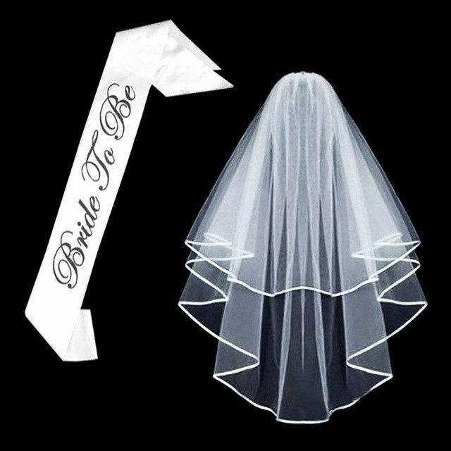 White Bridal Double Layer Wedding Veil and Bride To Be Satin Sash Set - Online Party Supplies