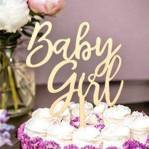 Wooden Acrylic Baby Girl Script Cake Topper - Baby Shower & Gender Reveal Cake Decorations