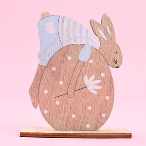 Wooden Easter Bunny Hugging Giant Egg Shelf Sitter
