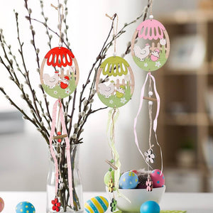 Wooden Happy Easter Hen & Chick in Egg Hanging Ornament Pendant