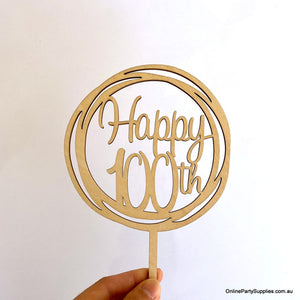 Wooden Geometric Circle Happy 100th Cake Topper - happy 100th birthday celebrations